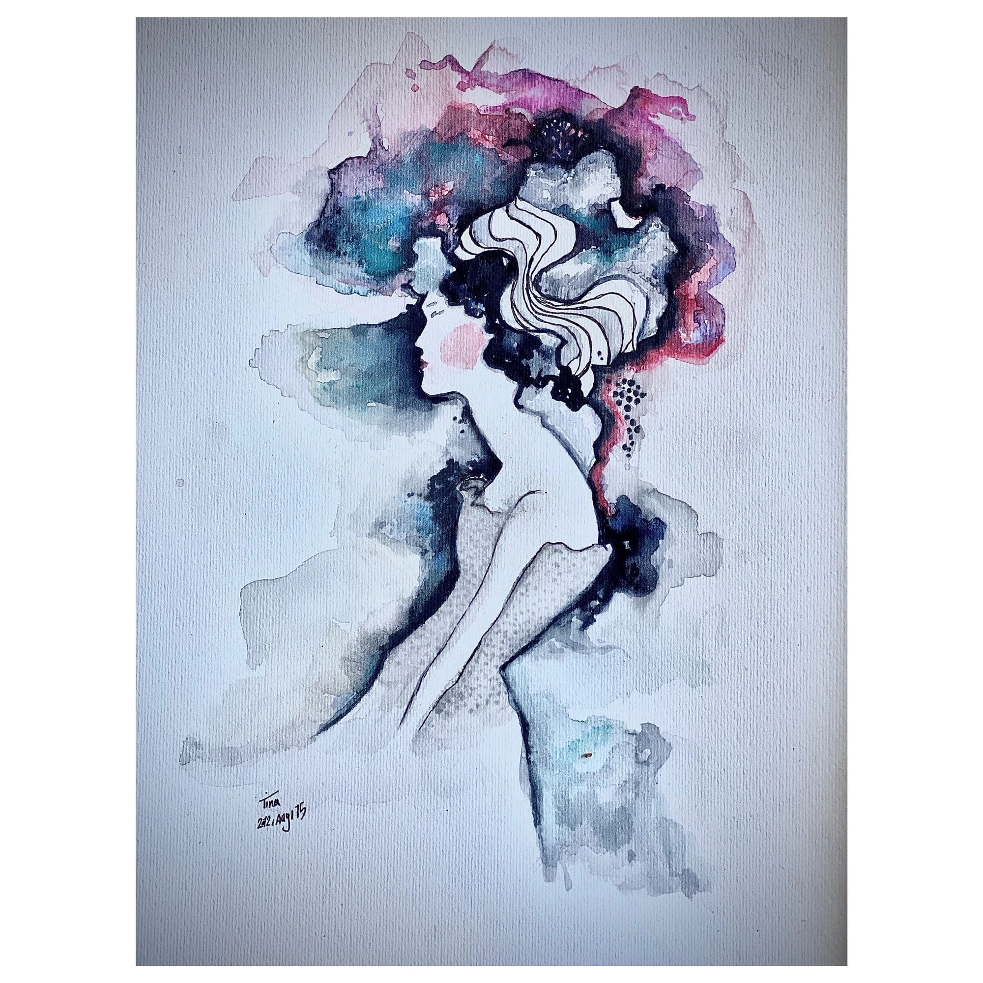 Watercolor woman profile with colorful hair
