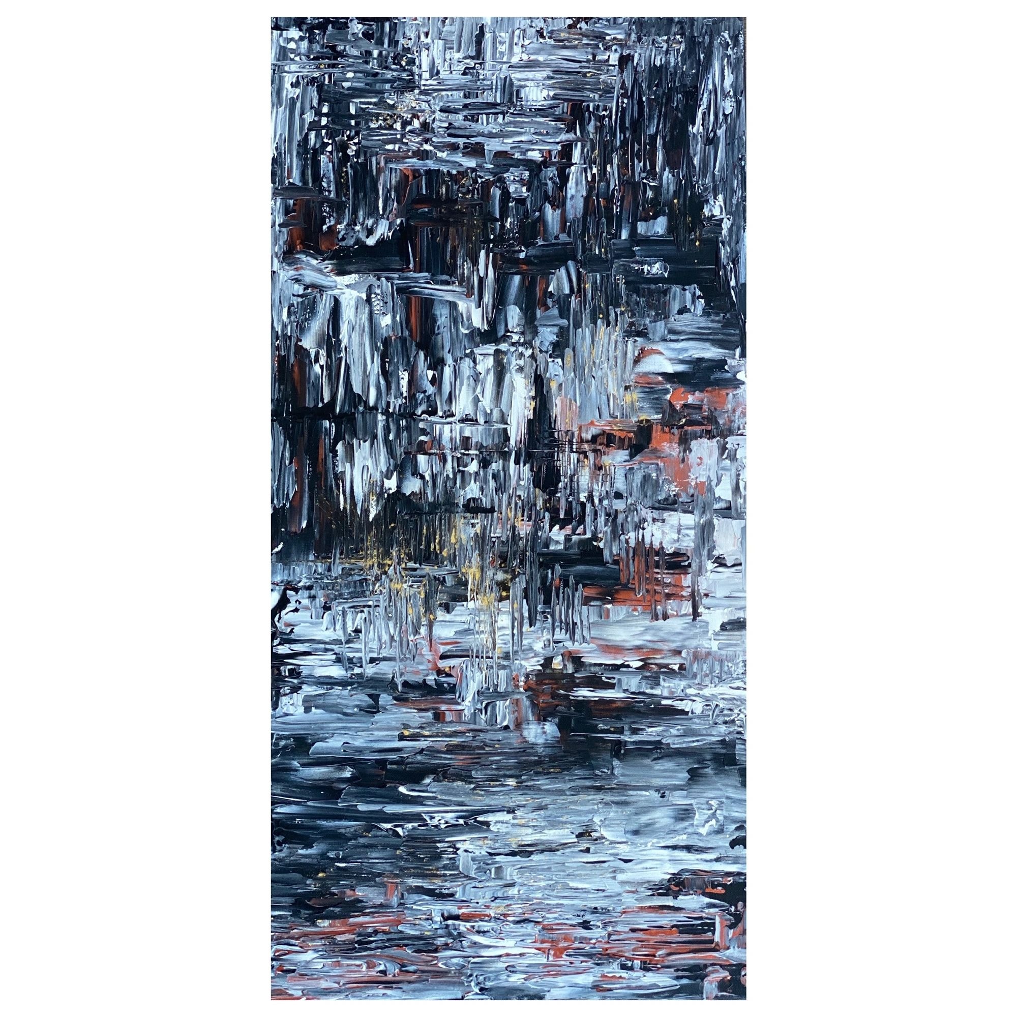 Abstract expressionist painting with blue and rust vertical brushstrokes