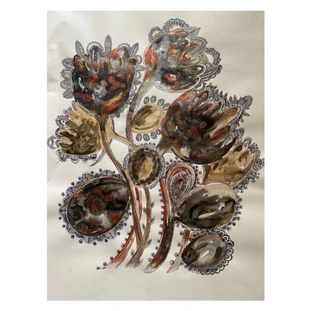 Ornate botanical illustration with earth-tone flowers