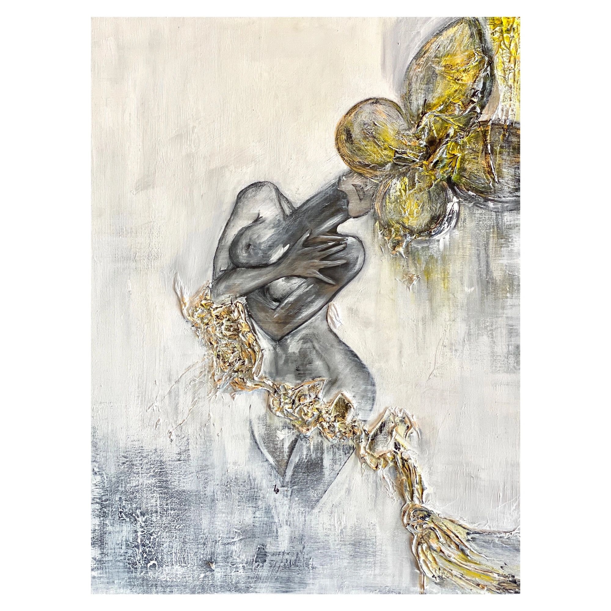 Figure gazing upward toward golden botanical elements