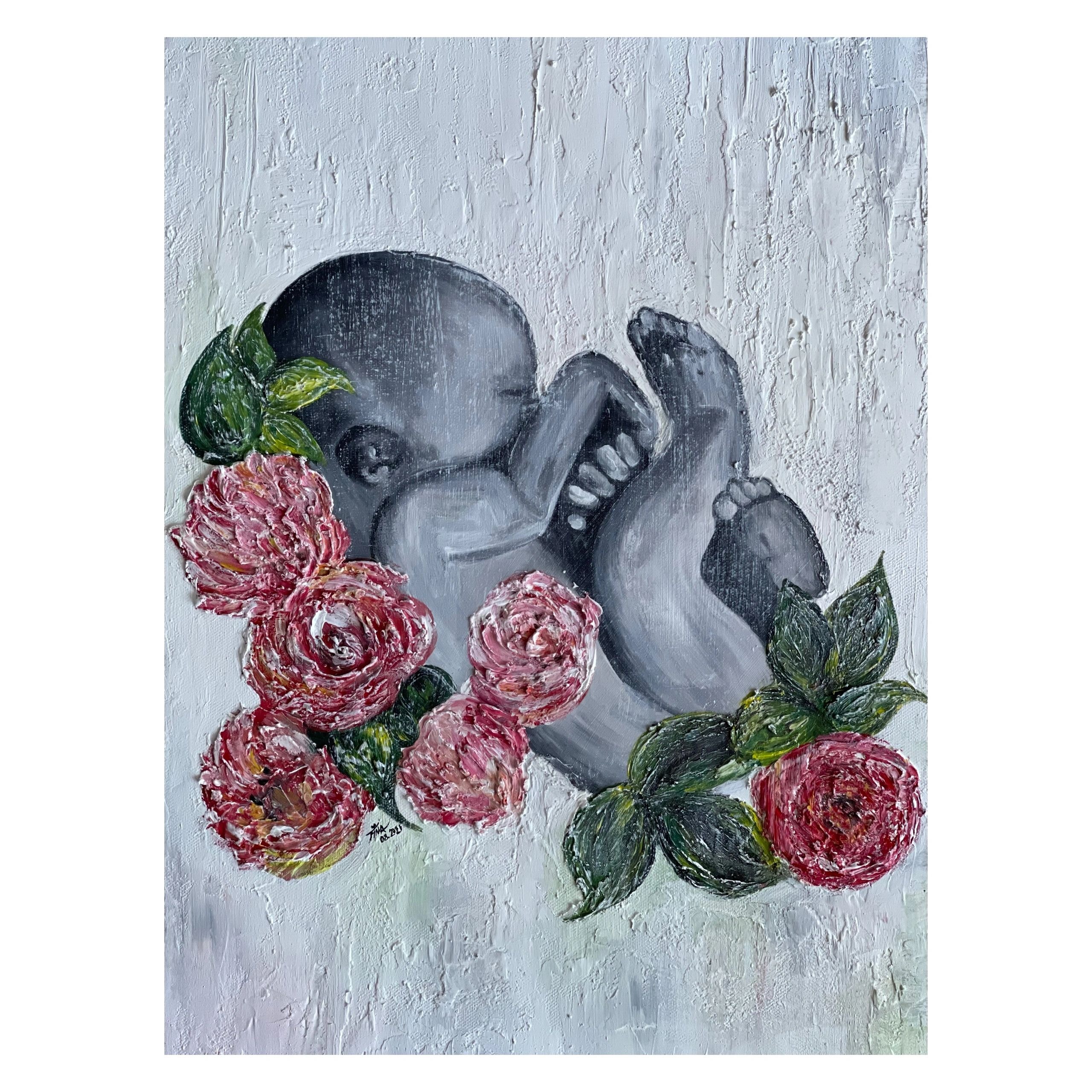Sculpture & Peonies — Acrylic on Canvas by Tina Behnam